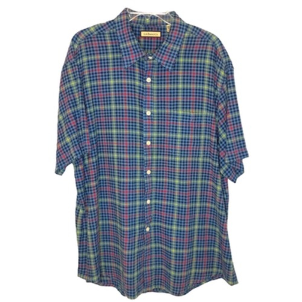 G. H. Bass & Co. Button Up Shirt Mens Size XL Linen Blend Blue Check Plaid Woven